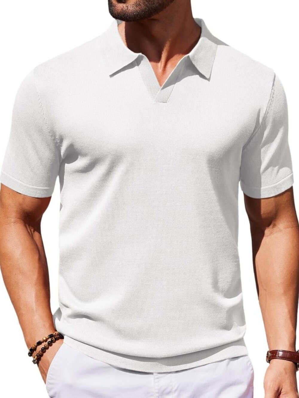 Women's White V-Neck Short Sleeve Stretch Knit Polo Shirt Top